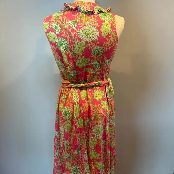 Lilly Pulitzer Silk Cotton Wrap Dress Tropical Pink Green Floral Size Large - Picture 2 of 5